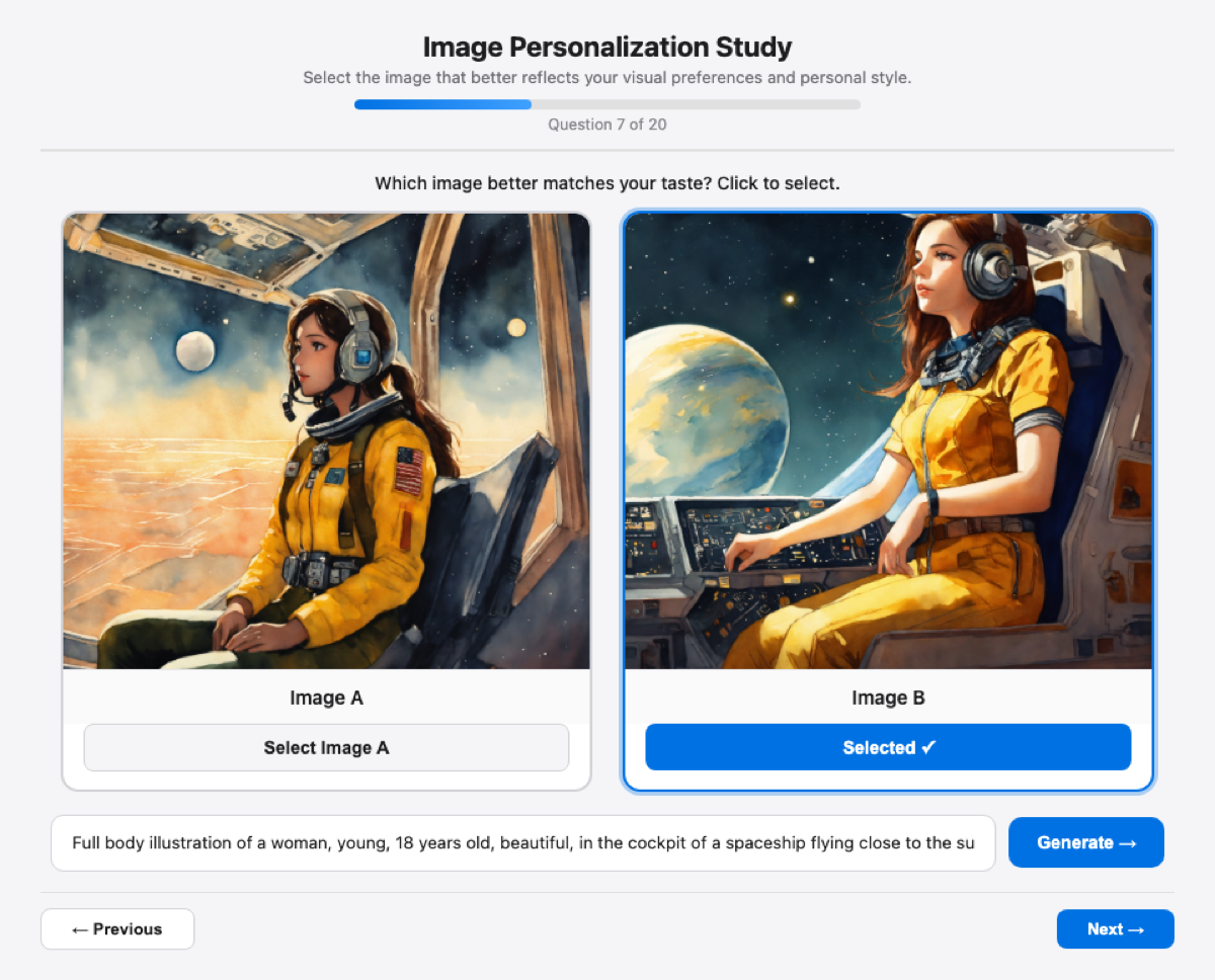 Pairwise A/B image personalization study interface